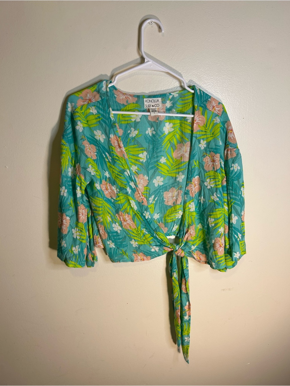 Honolua Tropical Tie-Front Wrap Top in Teal Floral